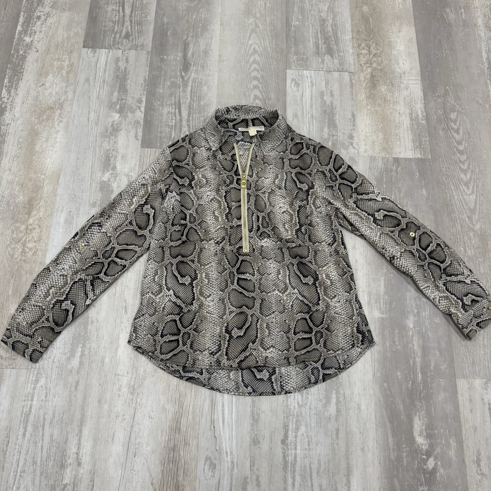 Michael Kors Women's Small Snakeskin Print Gold Black Blouse Half Zip Accent Y2K